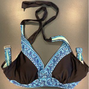 Athleta Bikini Top Size 32 D/DD Black Blue Floral Trim Ventana Underwire Halter